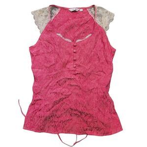 Vintage Next Blouse Women's Small Pink Lace Cap Sleeve Fairy Y2K Brocade Lace Up